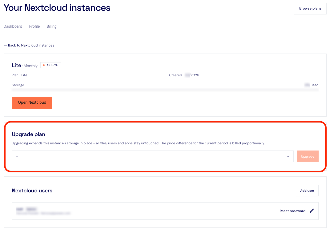 Upgrade plan section on the CloudBased Backup Nextcloud instance details page